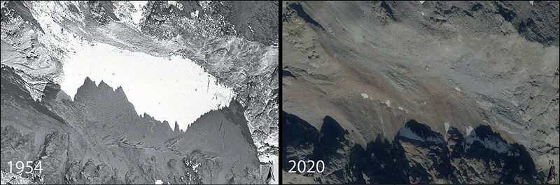 Der Gletscher V am Schnapfenkuchl in den österreichischen Alpen im Vergleich 1954 und 2020. (Bild: data.gv.at/Montage)