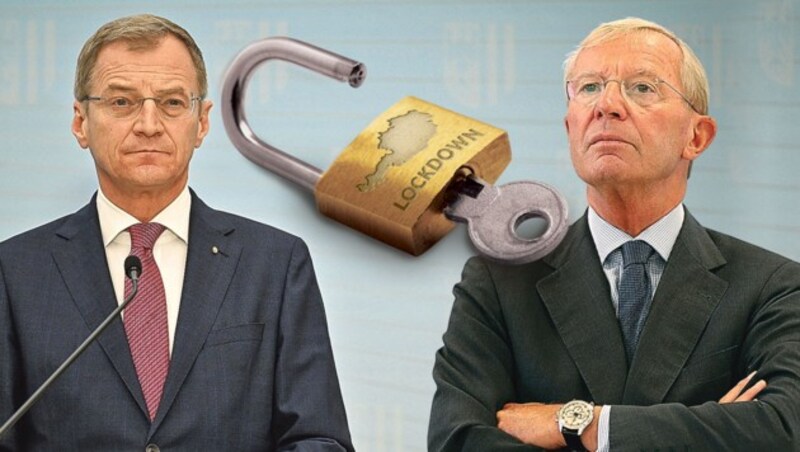 Machtprobe: Thomas Stelzer (OÖ) und Wilfried Haslauer (Salzburg) wehren sich gegen einen regionalen Lockdown für Ungeimpfte. (Bild: Fotos: Alexander Schwarzl, Krone KREATIV)