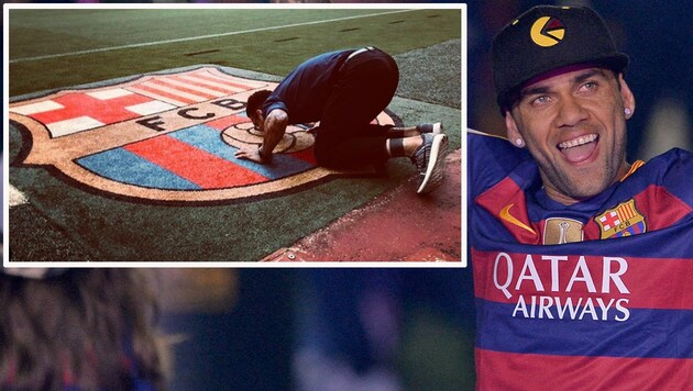 Dani Alves: rechts im Jahr 2016 bei der Feier zum Triumph in der „Copa del Rey“, links (oben) beim Küssen des Barca-Wappens anlässlich seiner Rückkehr (Bild: AFP, Instagram.com/danialves)