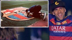 Dani Alves: rechts im Jahr 2016 bei der Feier zum Triumph in der „Copa del Rey“, links (oben) beim Küssen des Barca-Wappens anlässlich seiner Rückkehr (Bild: AFP, Instagram.com/danialves)
