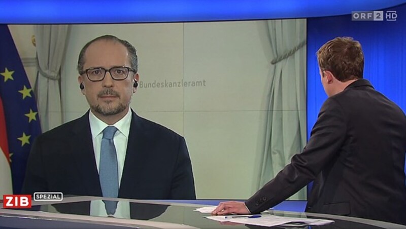 Bundeskanzler Alexander Schallenberg (ÖVP) wusste am Montagabend in der „ZiB Spezial“ nichts von einem weiteren Bund-Länder-Gipfel am Mittwoch. (Bild: ORF)