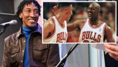 Scottie Pippen links bei einem aktuellen Buchpräsentations-Interview, rechts mit Michael Jordan im Jahr 1998 in Diensten der Chicago Bulls. Da war die Welt noch in Ordnung. (Bild: AFP, AP/Getty Images)