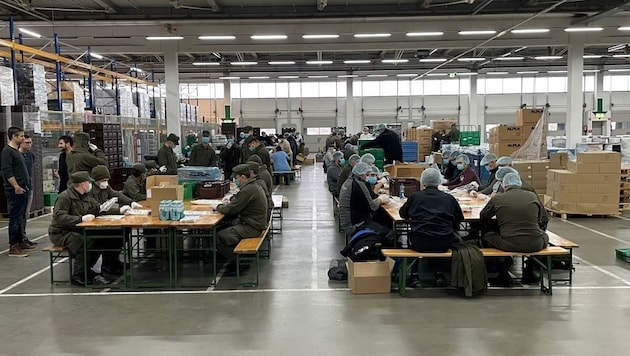 Soldaten helfen jetzt im Spar-Lager in Loosdorf mit, PCR-Tests für NÖ und OÖ abzupacken (Bild: Markus Waldner)