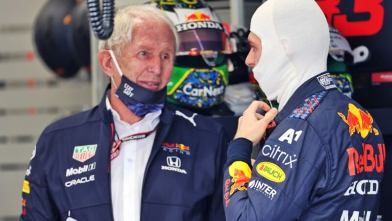 Helmut Marko (li.) und Max Verstappen (Bild: GEPA )