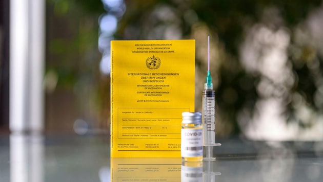 Ein klassischer analoger Impfpass neben einer Impfdosis, er wurde weitgehend durch den Grünen Pass obsolet. (Bild: www.viennareport.at)