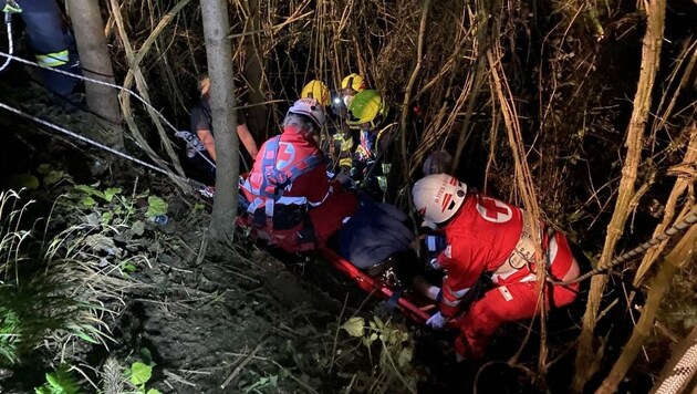 Mit vereinten Kräften konnte man den Verunfallten bergen (Bild: FF Garsten)