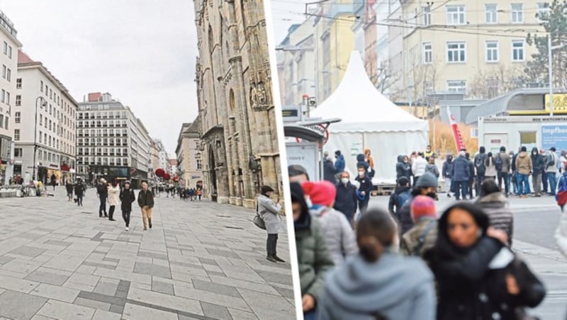 Verwaiste Innenstadt, lebhaftes Treiben in Favoriten. (Bild: Martin A. Jöchl, Klemens Groh, Krone KREATIV)