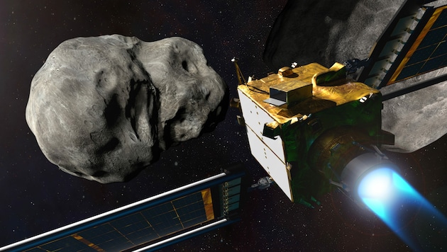 Illustration: Die NASA-Sonde im Anflug auf den Asteroiden Dimorphos (Bild: NASA/Johns Hopkins APL)