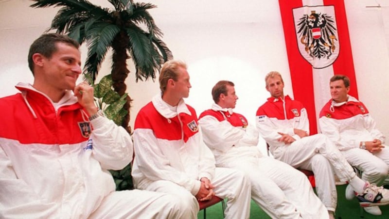 Alexander Antonitsch, Gilbert Schaller, Horst Skoff, Thomas Muster, und Ronald Leitgeb im Jahr 1998. Auch damals ging es gegen Deutschland. (Bild: GEPA pictures)