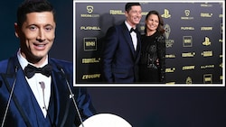 Robert Lewandowski bei der „Ballon d‘Or“-Gala: im großen Bild bei seiner Dankesrede auf der Bühne; im kleinen Bild mit Frau Anna am Red Carpet (Bild: APA/AFP/Anne-Christine POUJOULAT)