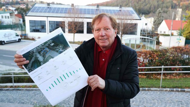Bürgermeister Weghofer mit den Plänen für weitere Fotovoltaikanlagen. (Bild: Reinhard Judt)