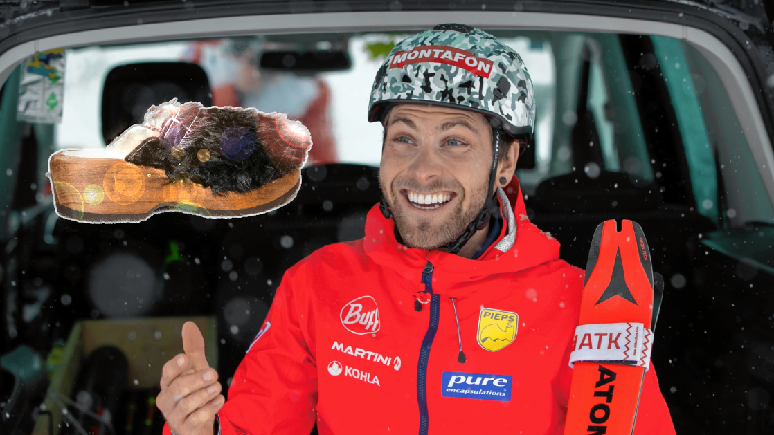 Mit Hölzler durch den Schnee: Der Montafoner Skibergsteiger Daniel Zugg kann inzwischen schon wieder lachen. (Bild: Shourot / Mathis - Montage)