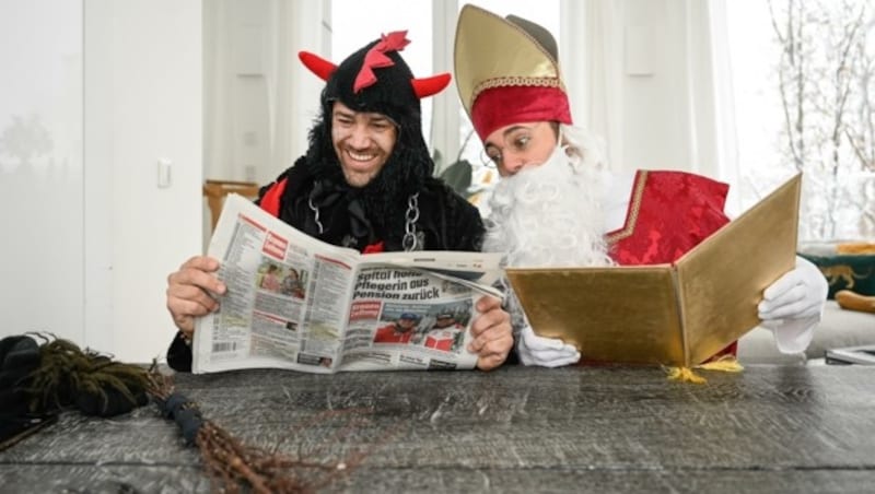 Pascal Kitzmüller als Nikolaus, Karl Weixelbaumer als Krampus. (Bild: Alexander Schwarzl)