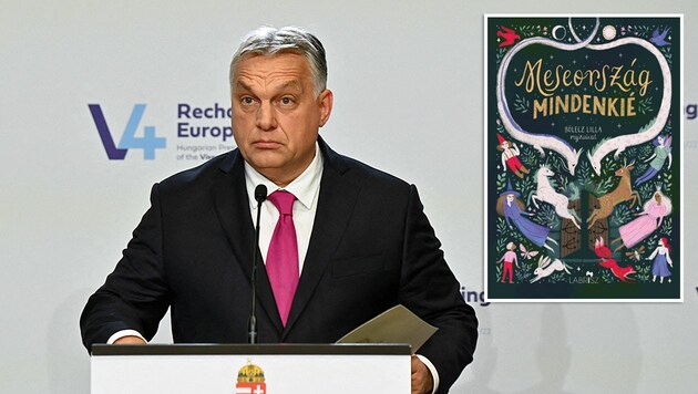 Die ungarische Regierung unter Ministerpräsident Viktor Orban will laut eigenen Angaben Minderjährige vor „Werbung über Homo- und Transsexualität“ schützen. Dazu gehören auch Kinderbücher wie „Märchenwelt gehört allen“ (kl. Bild re). (Bild: APA/AFP/Attila KISBENEDEK, Screenshot libri.hu, Krone KREATIV)