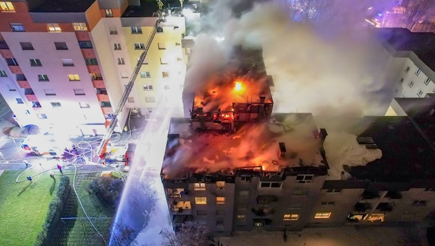 Das Dach brannte lichterloh (Bild: FOTOKERSCHI.AT / KERSCHBAUMMAYR / LEIBETSEDER)