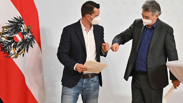 Wolfgang Mückstein (li.) und Werner Kogler. Zwei Grüne haben alle Hände voll zu tun. (Bild: AFP)