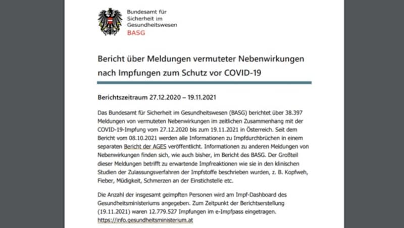 Auszug aus dem Bericht zu Impfreaktionen vom Bundesamt für Sicherheit und Gesundheitswesen (BASG) (Bild: basg.gv.at)