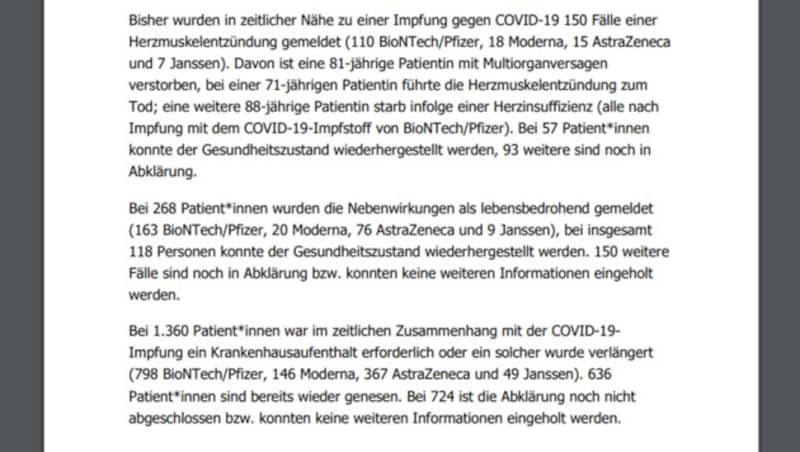 Auszug aus dem Bericht zu Impfreaktionen vom Bundesamt für Sicherheit und Gesundheitswesen (BASG) (Bild: basg.gv.at)