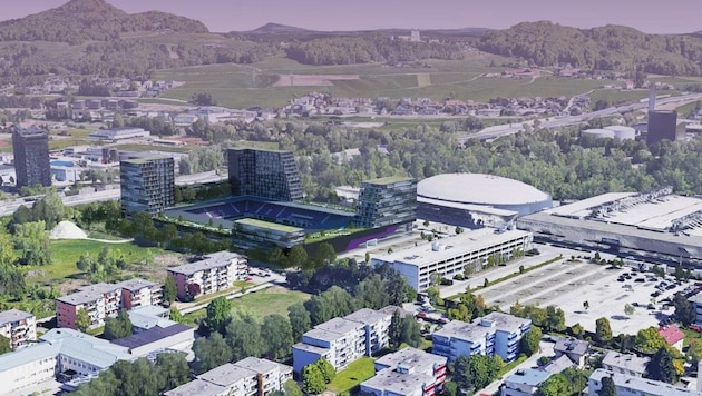 Auf der Fläche der früheren Mülldeponie beim Messezentrum soll ein neuer Bau entstehen (Bild: Max Aicher/Austria Salzburg)