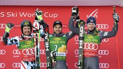 Rekord-Gesamtweltcupsieger Marcel Hirscher (li.) musste sich im Dezember 2016 beim Riesentorlauf von Val D‘Isere Mathieu Faivre (M.) geschlagen geben. Rang drei ging an Alexis Pinturault. (Bild: AFP )