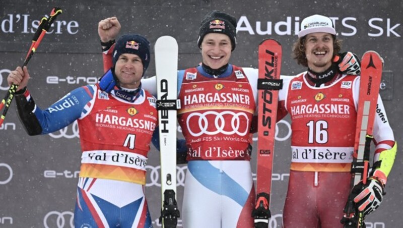 Alexis Pinturault (li.), Marco Odermatt (mi.) und Manuel Feller (re.) (Bild: AFP)