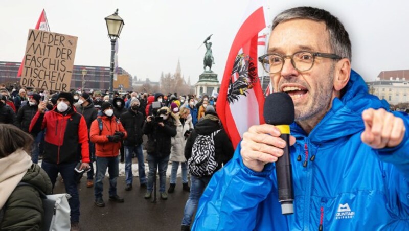 Ex-Innenminister Herbert Kickl wird vorgeworfen, bei einer Demonstration gegen die Corona-Maßnahmen die FFP2-Maskenpflicht nicht eingehalten zu haben, weswegen eine Verwaltungsstrafe droht. (Bild: APA/Florian Schroetter; Martin Jöchl)