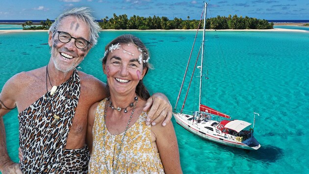 Doris Renoldner (54) und Wolfgang Slanec (66), geschminkt und hergerichtet für eine Strandparty (Bild: Seenomaden; Krone KREATIV)