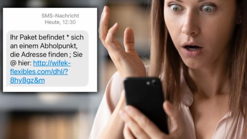 Vorsicht vor gefälschten Paketbenachrichtigungs-SMS! (Bild: stock.adobe.com, twitter.com/LPDooe, Krone KREATIV)