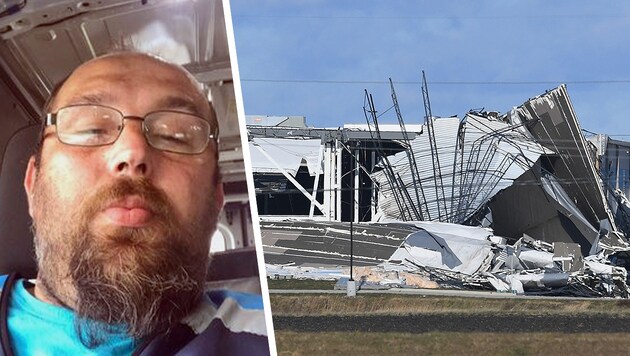 Larry Virden (46) starb in der Amazon-Halle. Er hatte zwei Kinder – neun und zwölf Jahre alt. (Bild: APA/Getty Images via AFP/GETTY IMAGES/Michael B.Thomas, facebook.com/larry.virden / Krone/KREATIV)