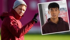 Bayern-Trainer Julian Nagelsmnn (li.), Goalie-Talent Liu Shaoziyang (Bild: AP, Twitter.com/FC Bayern Campus)