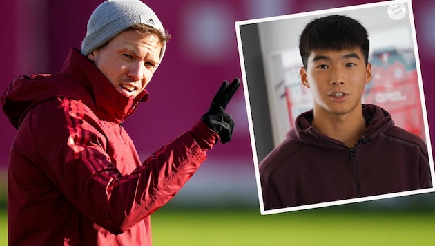 Bayern-Trainer Julian Nagelsmnn (li.), Goalie-Talent Liu Shaoziyang (Bild: AP, Twitter.com/FC Bayern Campus)