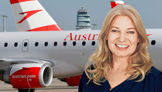 AUA-Chefin Annette Mann: „Wir investieren drei Milliarden Euro.“ (Bild: APA, Austrian Airlines / Krone/KREATIV)