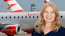 AUA-Chefin Annette Mann: „Wir investieren drei Milliarden Euro.“ (Bild: APA, Austrian Airlines / Krone/KREATIV)