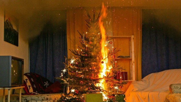 Bis ein trockener Baum in Flammen steht, dauert es oft nur 30 Sekunden. Daher sollte man immer einen Feuerlöscher griffbereit haben. (Bild: Hermann Kollinger)