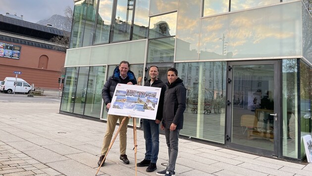 Thomas Rohregger (re.), Patrick Ortlieb (li.) und Markus Mitterrutzner vor dem Pavillon. (Bild: Rohregger)