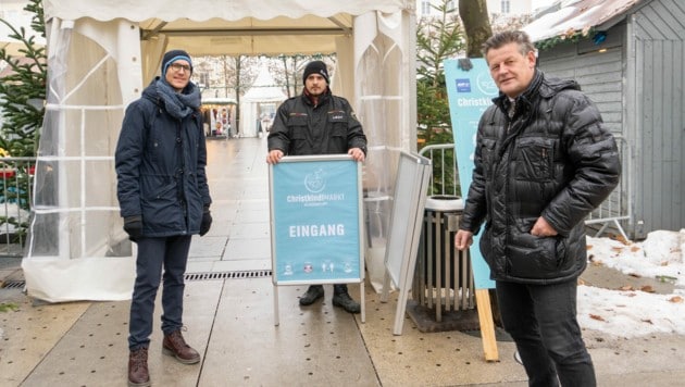 Bürgermeister und Marktreferent Christian Scheider und Marktkoordinator Alexander Adamitsch freuen sich über den offenen Zugang am Neuen Platz in Klagenfurt. (Bild: StadtKommunikation)