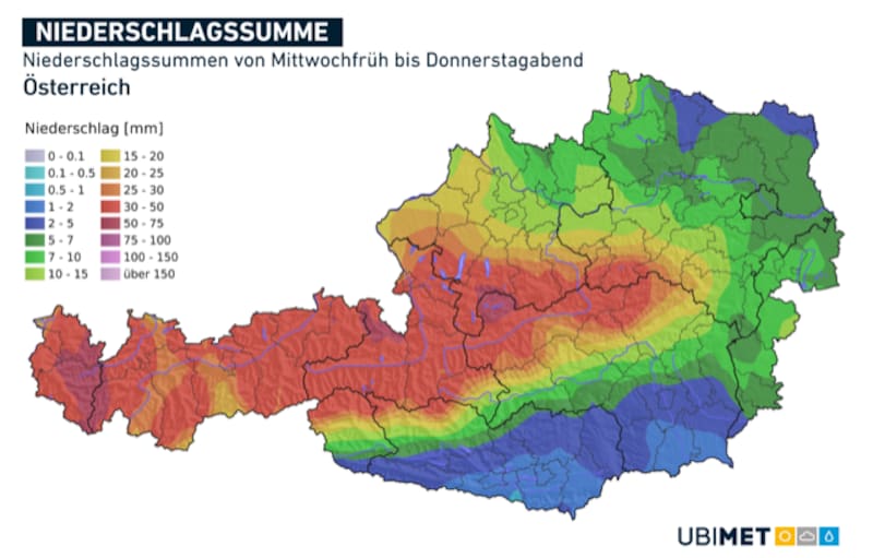 Regenmengen bis Donnerstagabend (Bild: UBIMET )