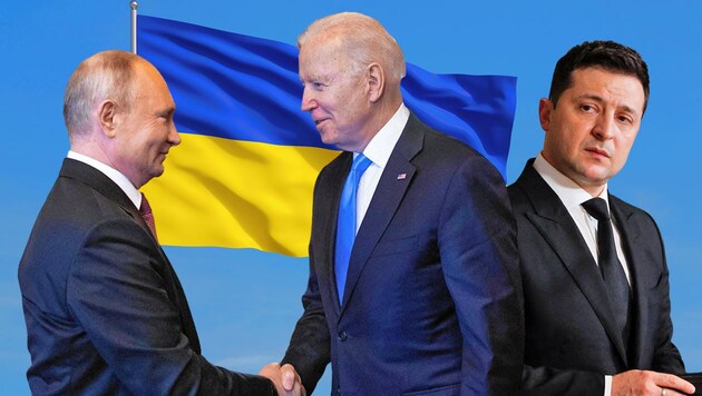 Ukraines Präsident Selenskij (r.) blickt besorgt: Biden und Putin (l.) schicken Verhandler zu Gesprächen über die Ukraine-Krise nach Genf. (Bild: Krone KREATIV, APA/AFP/POOL/PETER KLAUNZER APA/JOHANNA GERON stock.adobe.com)