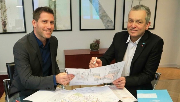 Stadtvize Philipp Liesnig (SP) und Stadtrat Max Habenicht (VP) planen den Technologiepark (Bild: Rojsek-Wiedergut Uta)