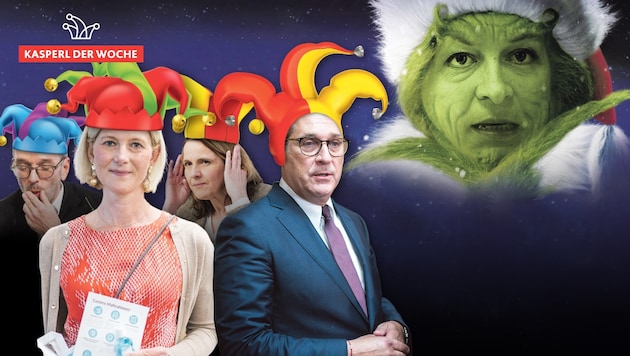 Unsere Kasperln: Ulli Sima als Weihnachts-Grinch, Strache, Chorherr, Belakowitsch, Arnoldner und Kickl. Auch ihnen wollen wir zu der Ernennung gratulieren. (Bild: stock.adobe.com/ koya979, Natis, Christos Georghiou; Picturedesk.com; SEPA.Media; Tomschi; Ines Strohmayer, Krone KREATIV)