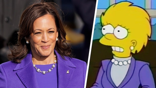 Das kann doch kein Zufall sein, oder? Kamala Harris trug bei ihrer Angelobung das fast identische Outfit wie Lisa Simpson bei ihrer Einführung als Präsidentin der Vereinigten Staaten. (Bild: picturedesk.com, Screenshot youtube.com Krone KREATIV)