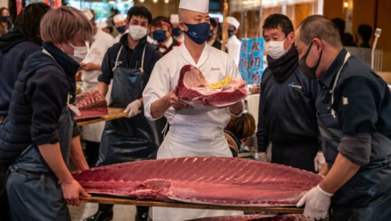 Sushi-Meister Akifumi Sakagami (Mitte) wird den teuren Thunfisch zubereiten. (Bild: AFP)