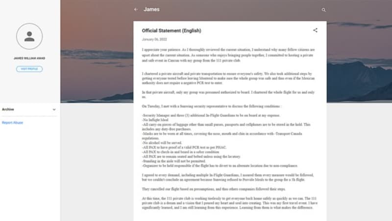 Der Organisator der Party-Reise rechtfertigt sich in einem Blog. (Bild: Screenshot 111jameswilliam.blogspot.com)