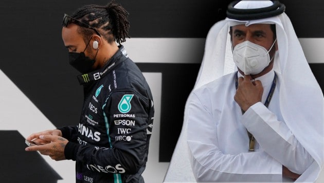 Lewis Hamilton und Mohammed Ben Sulayem (Bild: AP, krone.at-grafik)