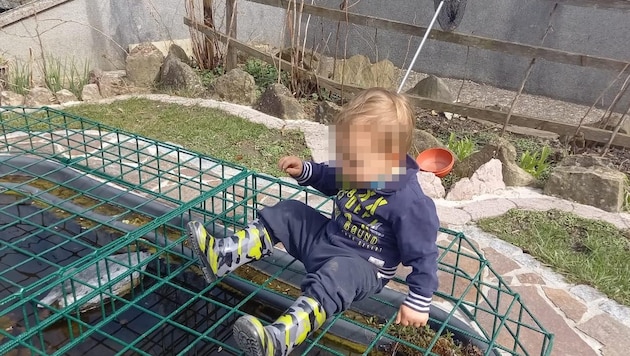 Die Eltern hatten im Garten alles abgesichert, auch mittels Überwachungskameras. Hier sitzt der zweijährige Tim auf dem geschützten Goldfisch-Teich, in den er aber nicht stürzte. (Bild: zVg, Krone KREATIV)