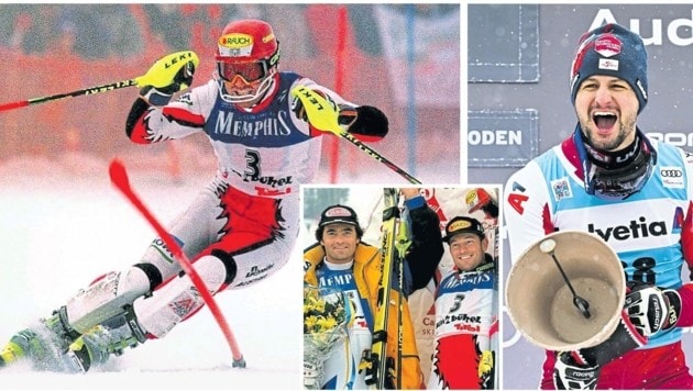 Im Jänner 1997 gewann Mario Reiter (l.) den Kitzbühel-Slalom vor Alberto Tomba - 25 Jahre später jubelte Hannes Strolz (r.). (Bild: GEPA (2), EPA)