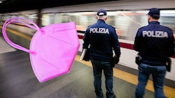 Rosafarbene FFP2-Masken für die italienische Polizei wirbelt im Land viel Staub auf. (Bild: AP, stock.adobe.com Krone KREATIV)