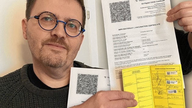 Werner Kortschak: Drei Stiche im gelben Impfpass vermerkt, im elektronischen EU-Zertifikat sind es nur zwei. (Bild: Werner Kortschak, Krone KREATIV)