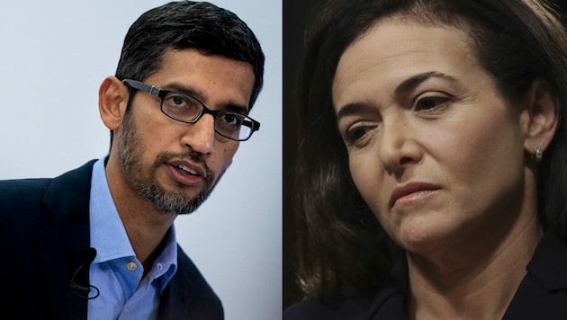 Google-CEO Sundar Pichai soll mit Facebook-Co-Geschäftsführerin Sheryl Sandberg illegale Absprachen getroffen haben. (Bild: AFP, Krone KREATIV)