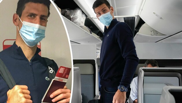 Novak Djokovic am Flughafen Dubai (li.) und im Flugzeug Richtung Belgrad (Bild: AP)